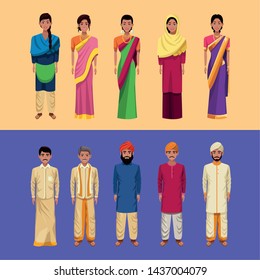  indian women and men wearing traditional hindu clothes on blue background vector illustration graphic design