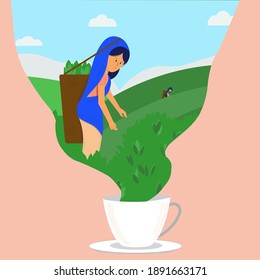 indian women on a tea plantation harvest, green leaves against the sky,  a cup of hot drink. Vector graphics