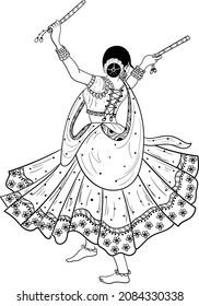 Indian  Women Playing Dandiya Or Garba With Dandiya Stick Black And White Line Drawing Wedding Clip Art. Indian Bride Groom Traditional Dance Black And White Line Drawing Illustration.