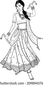 Indian  women playing dandiya or Garba with dandiya stick black and white line drawing wedding clip art. Indian bride groom traditional dance black and white line drawing illustration.