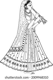 Indian women playing Shahnai in wedding. Beautiful Indian girl playing Indian musical wedding instruments in traditional dress black and white line drawing wedding clip art illustration.  svg