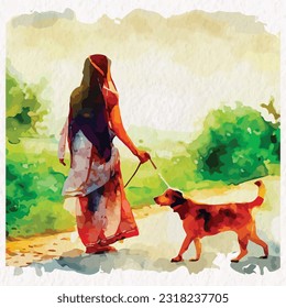 Indian Women in Saree walking a dog in park in watercolour style vector 