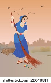 Indian women sweeping garbage with broom street