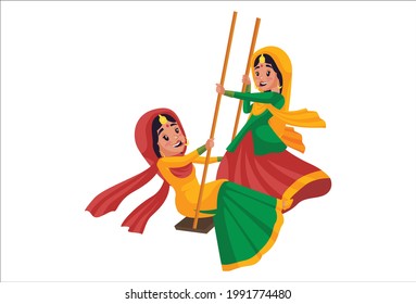 Indian women are swinging swing. Vector graphic illustration. Individually on a white background.