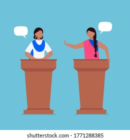 Indian women taking part in debates. Pair of government workers talking to each other, discussing problems, or having a dispute. Flat vector illustration.
