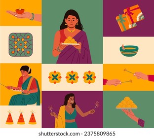 Indian Women in Traditional Dressing, Celebrating Big Diwali Festival with Culture Elements Vector Illustration for digital banner, gift card, social media post, and poster design template.