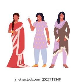 Mujeres indias con sari rojo tradicional y ropa de moda moderna de pie con sonrisas juntas. Retrato de grupo de tres personajes femeninos bonitos sonriendo y agitando la Ilustración vectorial de dibujos animados