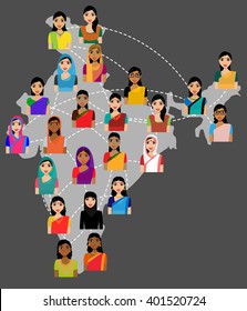 Indian Women Vector Avatars On India Map, Social Network Concept