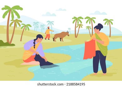 Indian women washing clothes in river flat vector illustration. Women in traditional clothes doing laundry outdoor. Housework, hygiene, hand washing, tradition concept