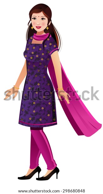 An\
Indian women wearing a modern salwar kameez\
dress