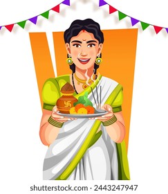 Indian women wearing traditional attire carrying puja thali in hand performing Gudi Padwa or Ugadi puja. Useful for Hindu occasions and festivals