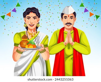 Indian women wearing traditional attire carrying puja thali in hand performing Gudi Padwa or Ugadi puja. Man standing in a greeting pose Namaste hands. Useful for Hindu occasions and festivals