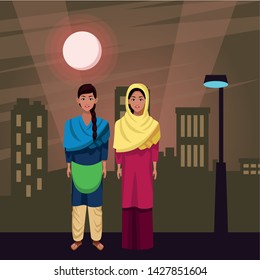 indian indian women wearing traditional hindu clothes woman with braid and woman wearing hiyab profile picture avatar cartoon