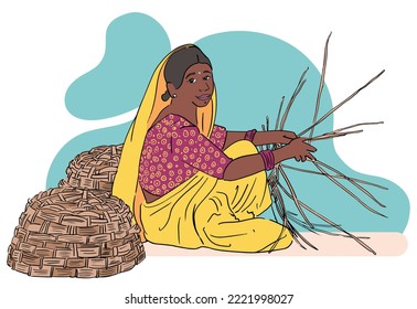 mujeres indias tejen cestas tradicionales, hacen cestas de bambú hechas a mano, trabajadoras indias