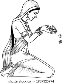  INDIAN WOMEN WELCOMING VECTOR LINE ART DRAWING ILLUSTRATION. INDIAN WOMEN SWAGATAM (WELCOME) WITH FLOWERS IN HAN