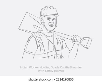 Indian Worker Holding Spade On His Shoulder With Saftey Helmet