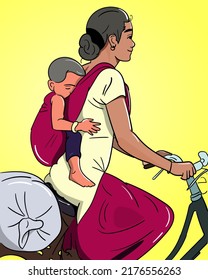 Indian working mother with her child , cycling woman