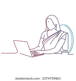 Indian working women in saree at office vector line art illustration