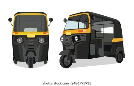 Indian Yellow and Black Auto, traditionelles öffentliches Stadttaxi, Tuk Tuk Taxi, indisches Auto Rikshaw, indische Auto Rikshaw Vektorillustration, Rikshaw Illustrationen, gelb und schwarz, Auto Taxi Indien,