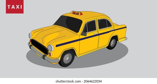 Indian yellow color taxi vector illustration with black outline and cartoon effect shapes. A perspective view of an Indian taxi.