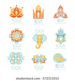 Indian Yoga Studio Set Of Colorful Promo Sign Design Templates With Mandalas And Stylized Famous Spiritual Indian Symbols