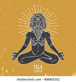 Indian yogi figure with linear pattern on a yellow textured background. Old man meditates in Lotus pose. Vector illustration. Trendy print for shirts. Creative vintage style typography poster or card.