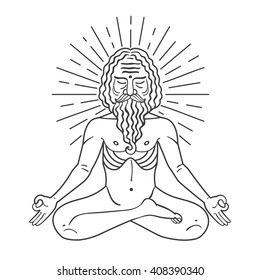 Indian yogi line drawing. Man meditates in Lotus pose isolated on background. Calm pose, mental balance, harmony. Vector illustration. Spa consent, yoga studio. Trendy ethnic print for shirts. 