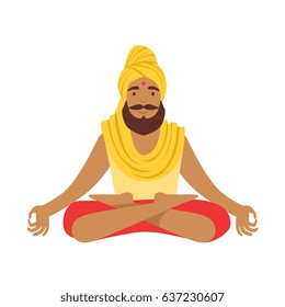 Indian yogi in padmasana lotus pose, wearing Indian clothes. Colorful character vector Illustration
