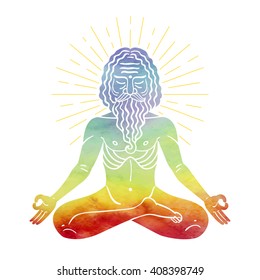 Indian yogi Silhouette with watercolor fill. Man meditates in Lotus pose isolated on background. Vector illustration. Spa consent, yoga studio. Trendy print for shirts. Creative typography poster.