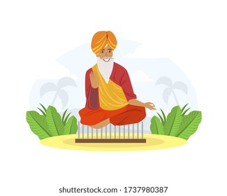 Indian Yogi Sitting on Board with Nails in Lotus Position Vector Illustration