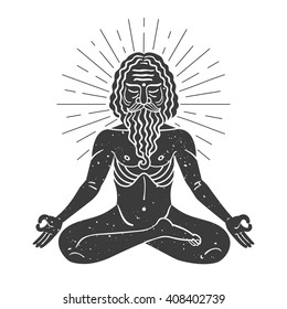 Indian yogi textured Silhouette with linear pattern inside. Man meditates in Lotus pose. Vector illustration. Spa consent, yoga studio. Trendy print for shirts. Creative typography poster or card.