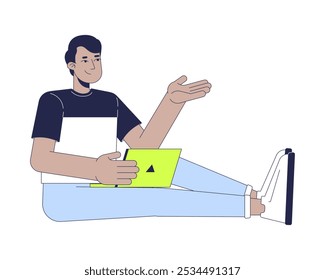 Indian young adult man with laptop sitting on floor 2D cartoon character. Gesturing suggesting. South asian guy using device isolated person flat vector on white background. Spot illustration colorful