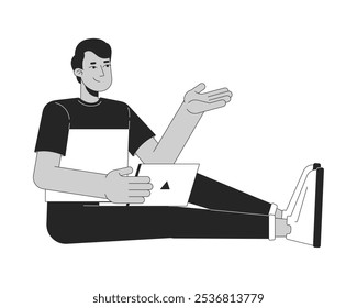 Indiano jovem adulto homem com laptop sentado no chão preto e branco 2D personagem linha. Gesto sugerindo. Sudoeste asiático usando dispositivo isolado vetor pessoa contorno. Ilustração de ponto monocromático