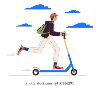 Indian young adult man riding electric scooter line cartoon flat illustration. South asian guy on e-scooter 2D lineart character isolated on white background. Urban mobility scene vector color image