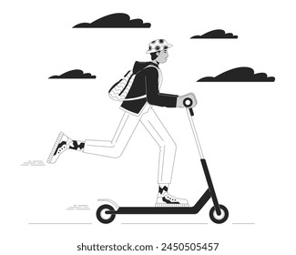 Indian young adult man riding electric scooter black and white cartoon flat illustration. South asian guy e-scooter 2D lineart character isolated. Urban mobility monochrome scene vector outline image