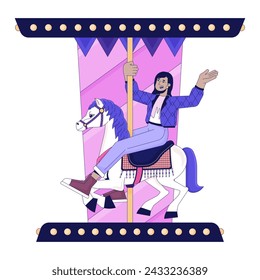 Indian young adult woman riding horse carousel 2D linear cartoon character. Roundabout fun south asian girl isolated line vector person white background. Attraction color flat spot illustration