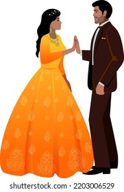 Indian young bride and groom dancing at the wedding in beautiful costumes. Girl in an orange dress with a national pattern  Vector
