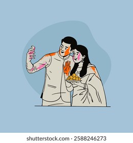 Indian young couple celebrating Holi festival, hand-drawn style vector illustration, People playing with colours in Holi Indian festival. 