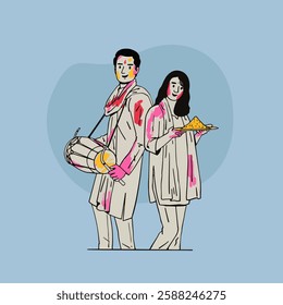 Indian young couple celebrating Holi festival, hand-drawn style vector illustration, People playing with colours in Holi Indian festival. 