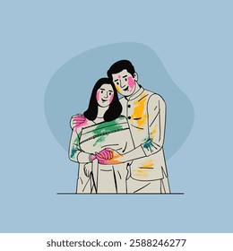 Indian young couple celebrating Holi festival, hand-drawn style vector illustration, People playing with colours in Holi Indian festival. 