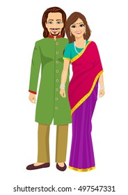 indian young couple in traditional clothing standing isolated over white background