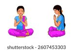 Indian Young Girl Praying Illustration, Indian Traditional girl sitting and praying, Front, side sitting, blue, pink, Traditional festival dress vector