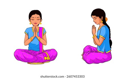 Indian Young Girl Praying Illustration, Indian Traditional girl sitting and praying, Front, side sitting, blue, pink, Traditional festival dress vector