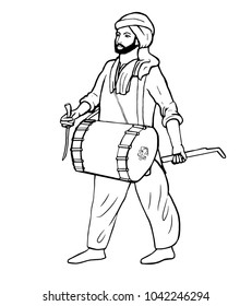 Indian young handsome sikh drummer holding an indian traditional drum. Indian musician performing music. Playing traditional drums. Isolated vector illustration. Black and white line art version.