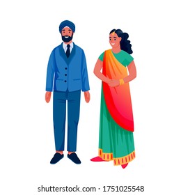 Indian young happy couple in traditional clothing, isolated on white background. Indian woman in colorful beautiful sari and man in suit and turban. Vector flat cartoon characters illustration.