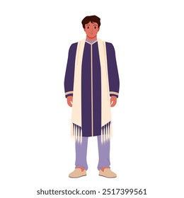 Joven indio con ropa tradicional de pie y sonriendo. Carácter masculino seguro lindo que lleva el sherwani púrpura y la bufanda, retrato del cuerpo completo de la Ilustración vectorial de dibujos animados del muchacho feliz