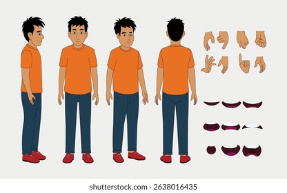 Indian Young Man T-shirt and Jeans, Character Front, side, back view and explainer animation poses