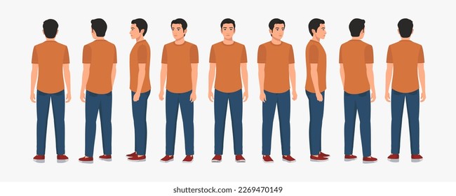 Indian Young Man Wearing T-shirt and Jeans, Character Front, side, back view and explainer animation poses - Shutterstock ID 2269470149