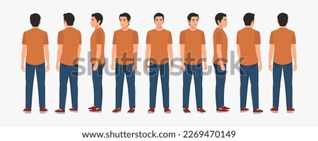 Indian Young Man Wearing T-shirt and Jeans, Character Front, side, back view and explainer animation poses
