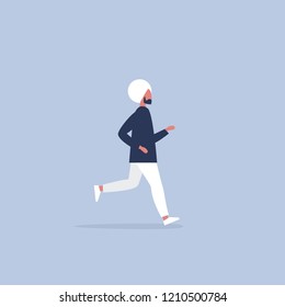 Indian young running man wearing a turban. Sikh. Culture. Lifestyle. Flat editable vector illustration, clip art